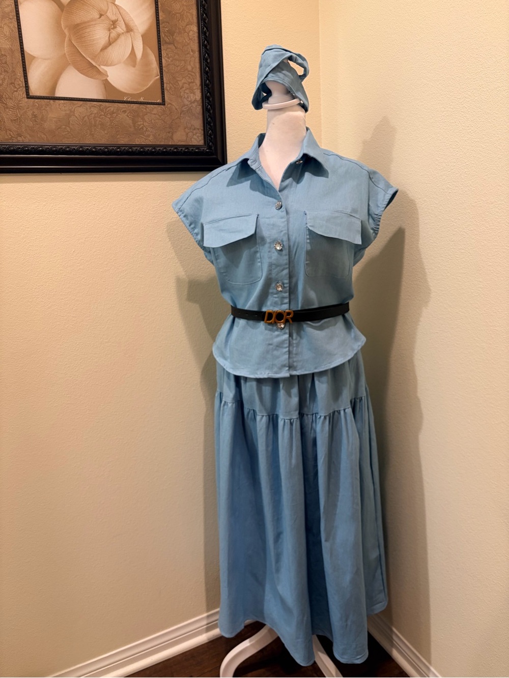 Double D, Light Blue Blouse and Maxi Skirt Coord Set (denim look) one size NWOT